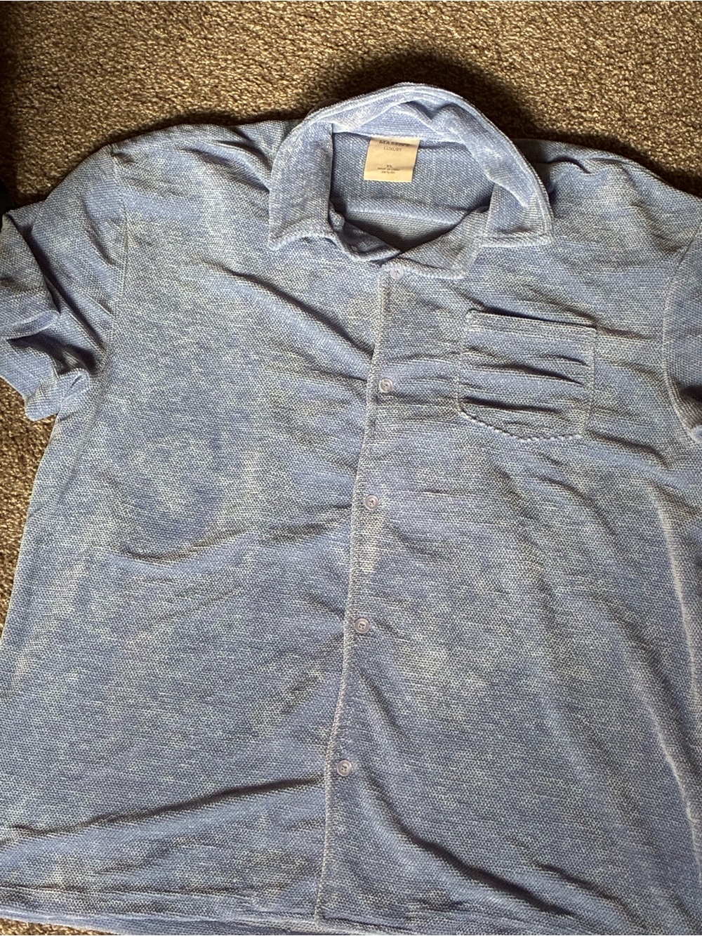 Men’s blue chenille button up shirt with collar